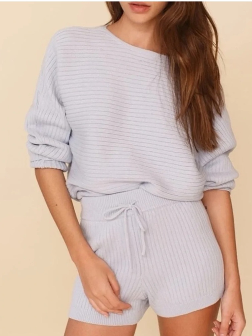 REFORMATION Cort Ribbed Sweater & Shorts Set Small Organic Cotton Light Blue